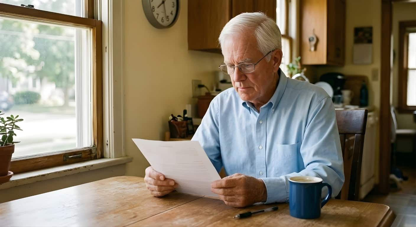 Senior man reviewing utility bills at a kitchen table with reading glasses