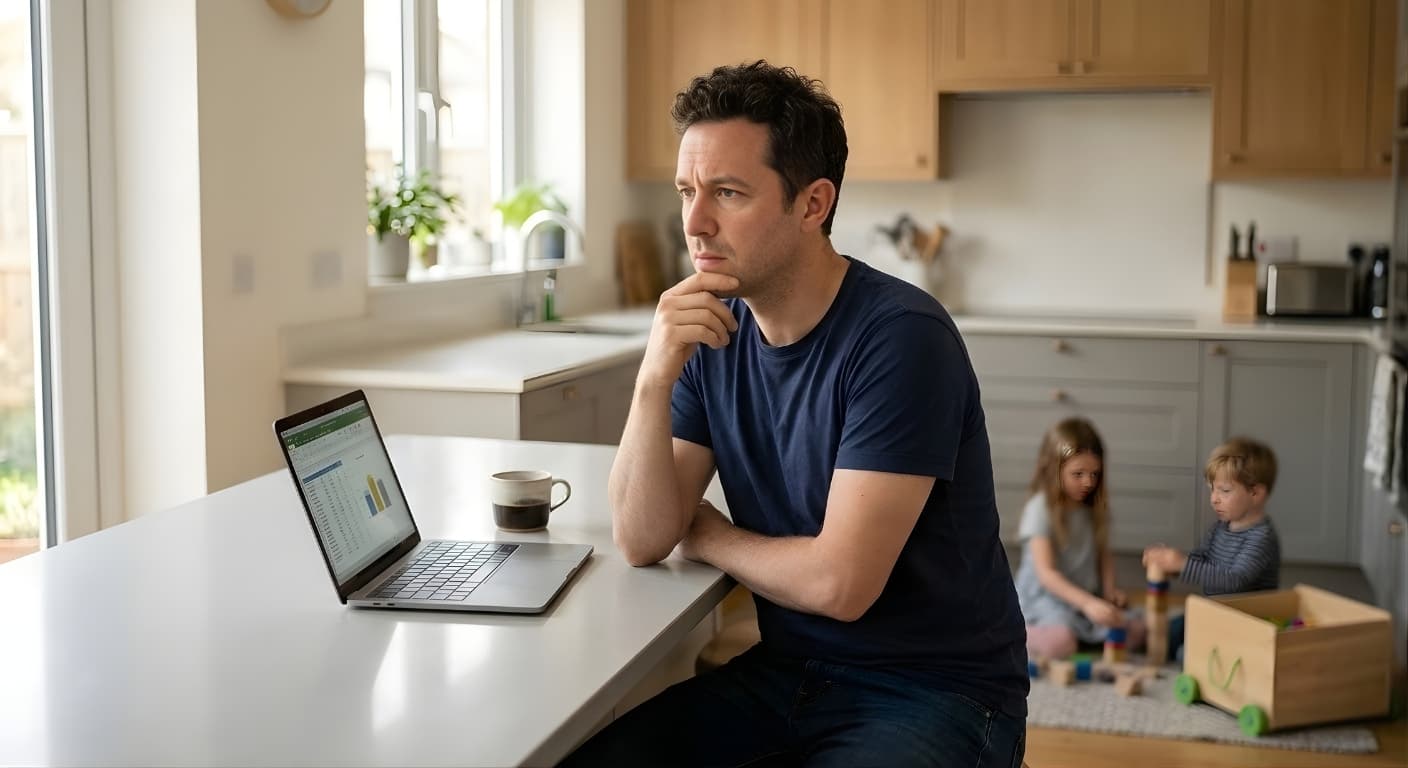 Young father working on home project in garage with children nearby