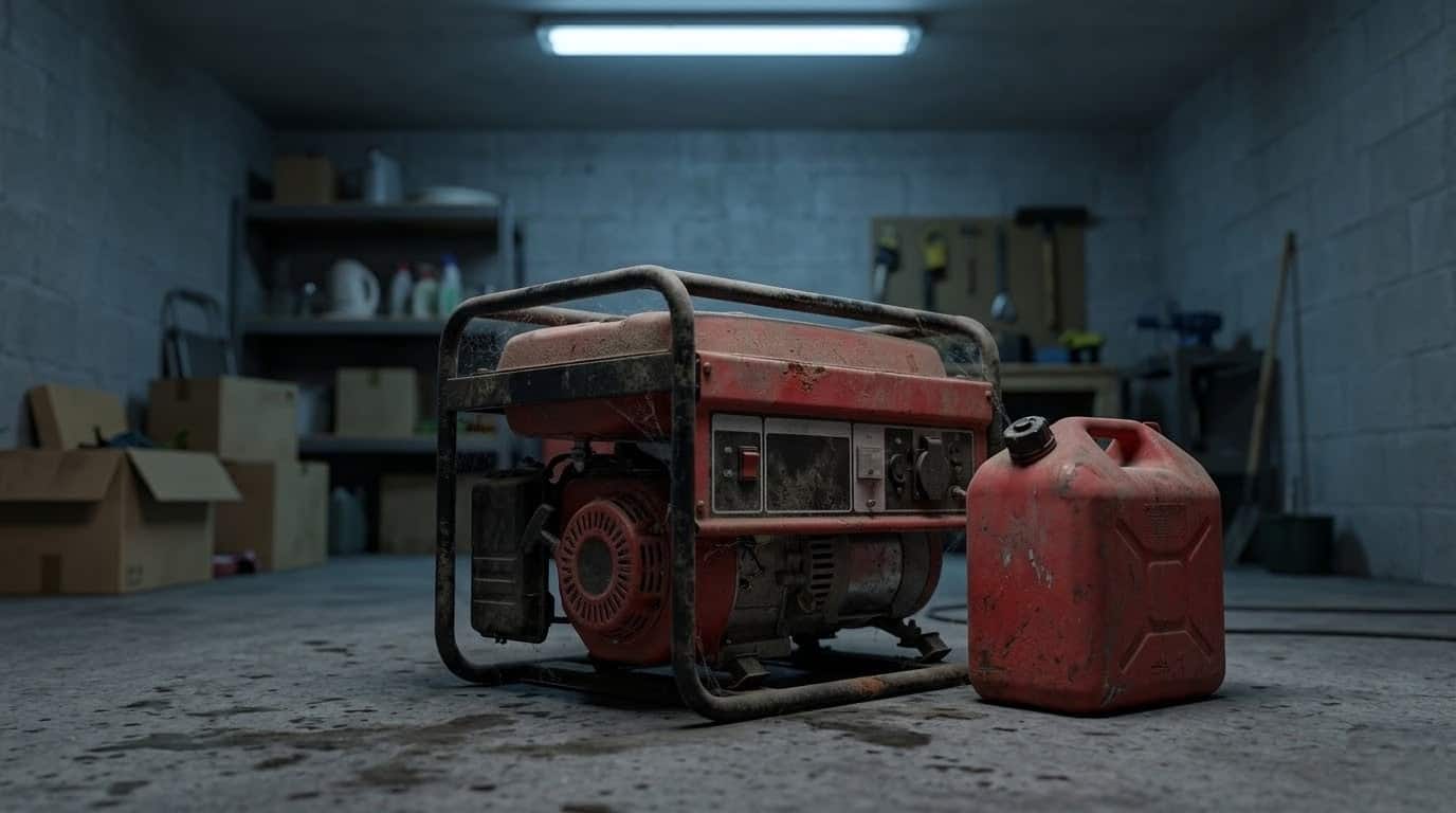 Portable generator sitting unused in a residential garage next to shelving