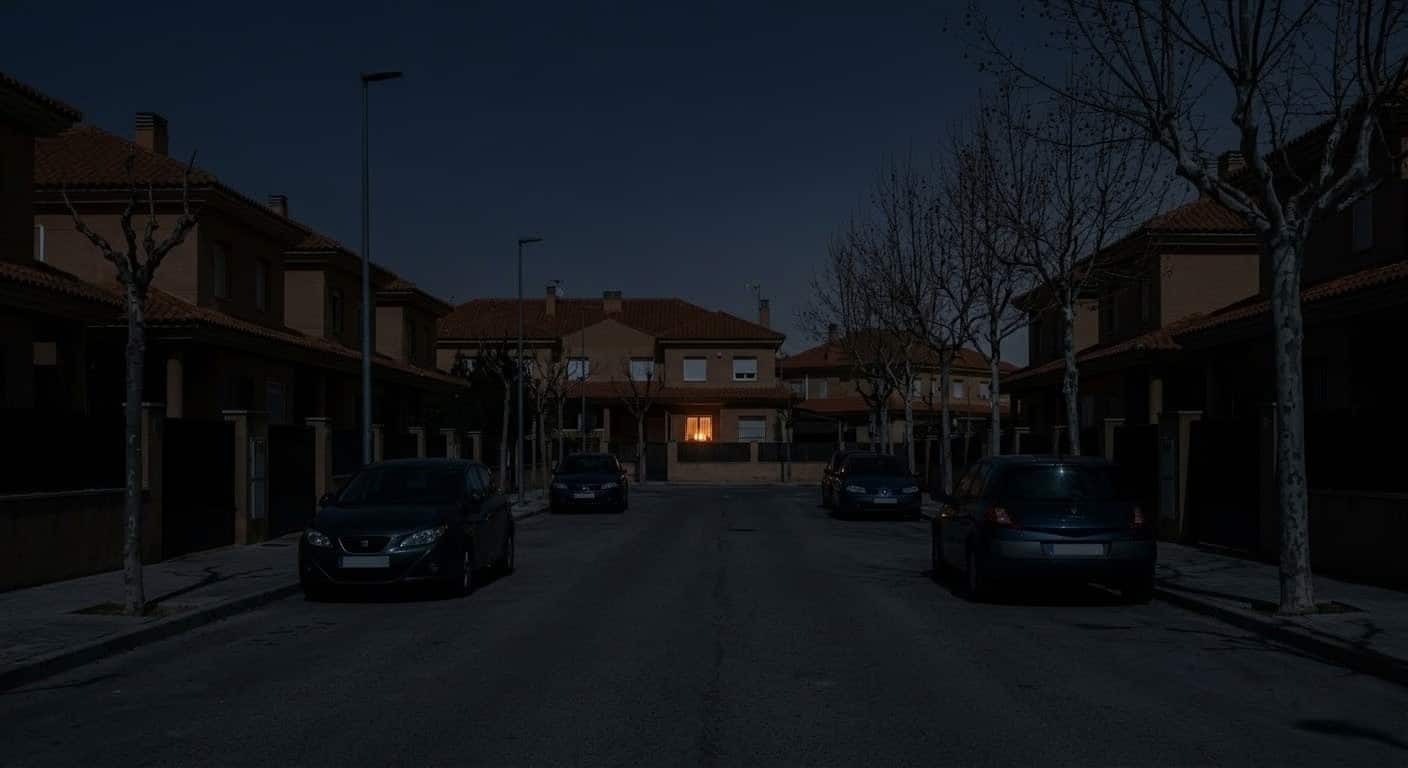 Dark suburban neighborhood at night during power outage with one house lit by candles