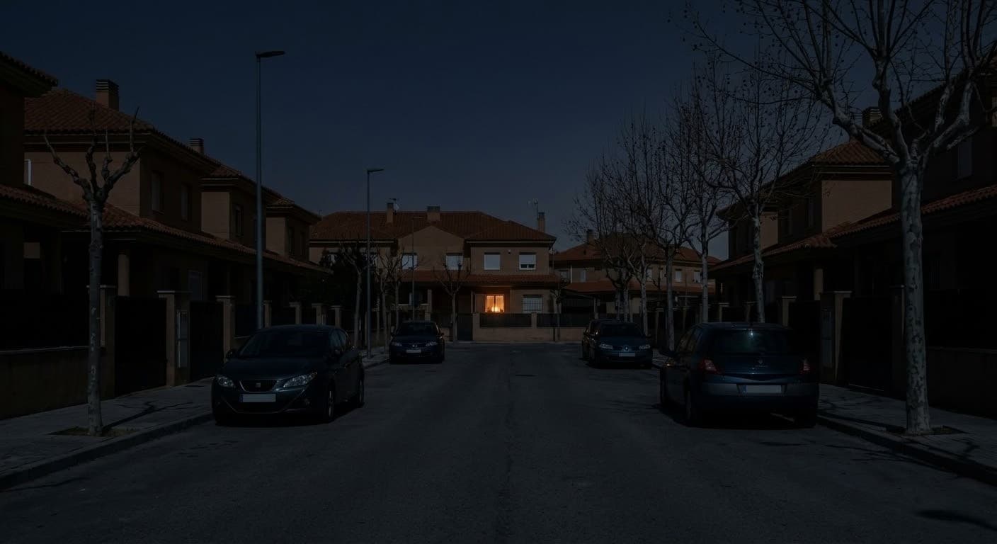 Dark suburban neighborhood at night during power outage with one house lit by candles