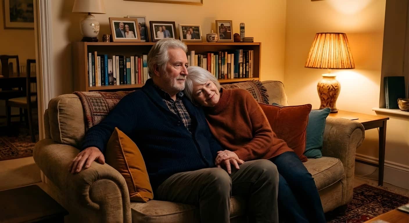 Older couple at home with warm lighting, reading by a window in the evening