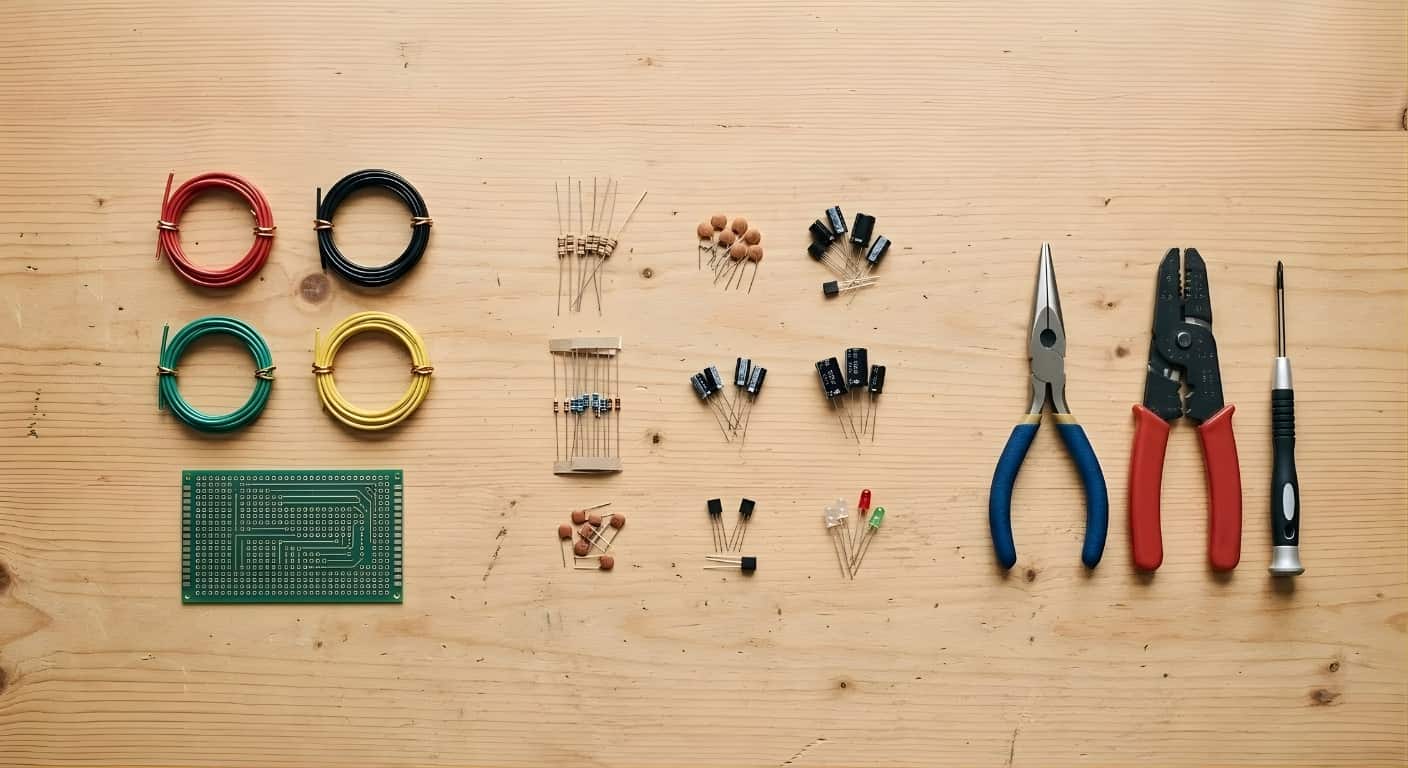Workbench with electronic components, wiring, and assembly tools laid out neatly