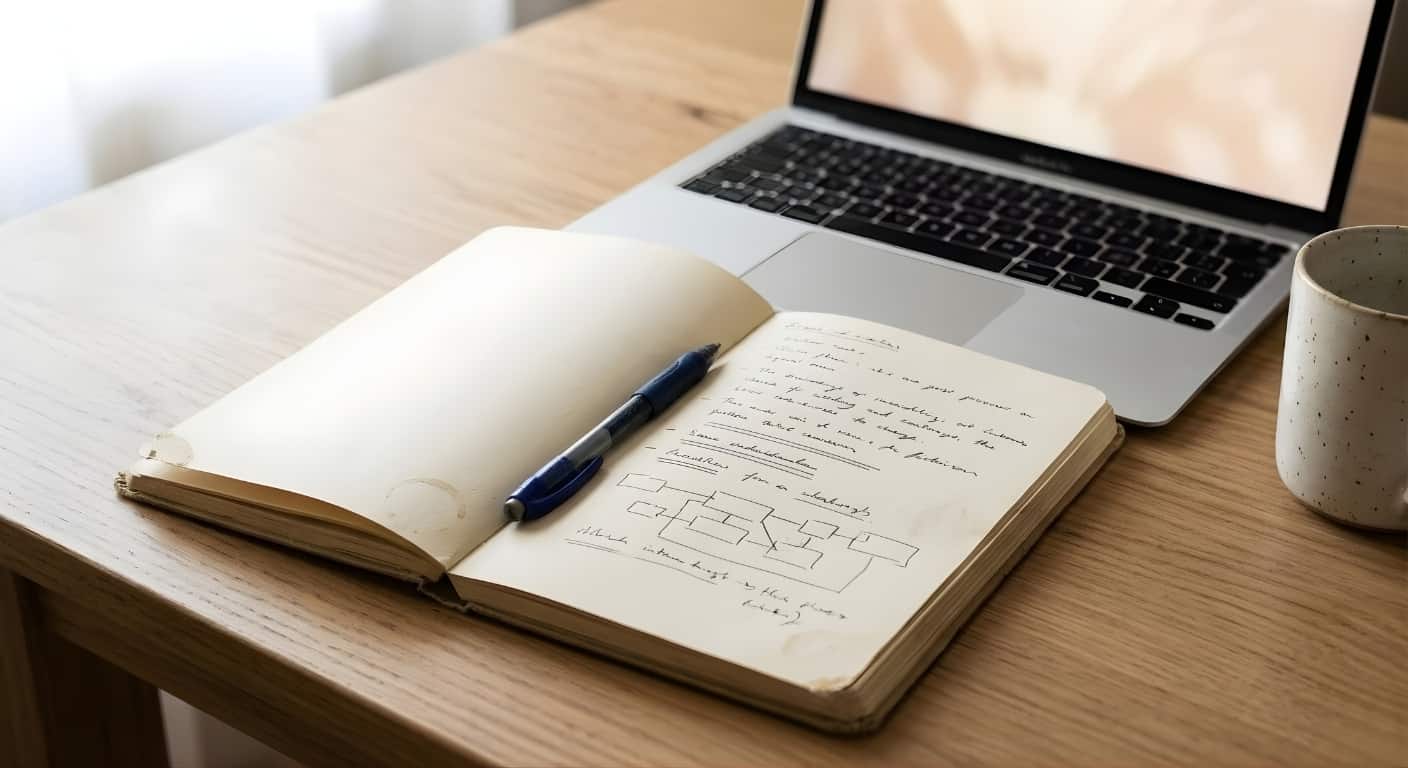 Open notebook with handwritten research notes next to a laptop on a desk