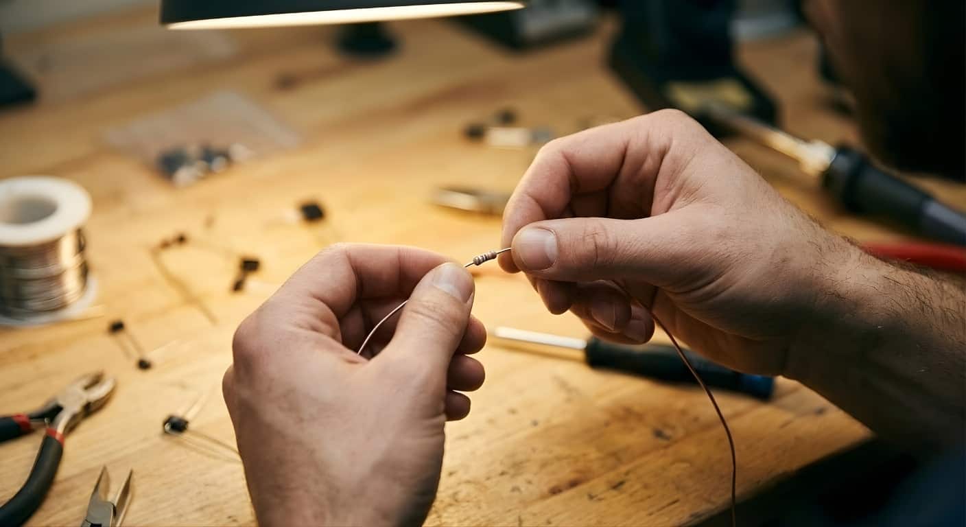 Person assembling electronic components on a workbench with wiring and tools