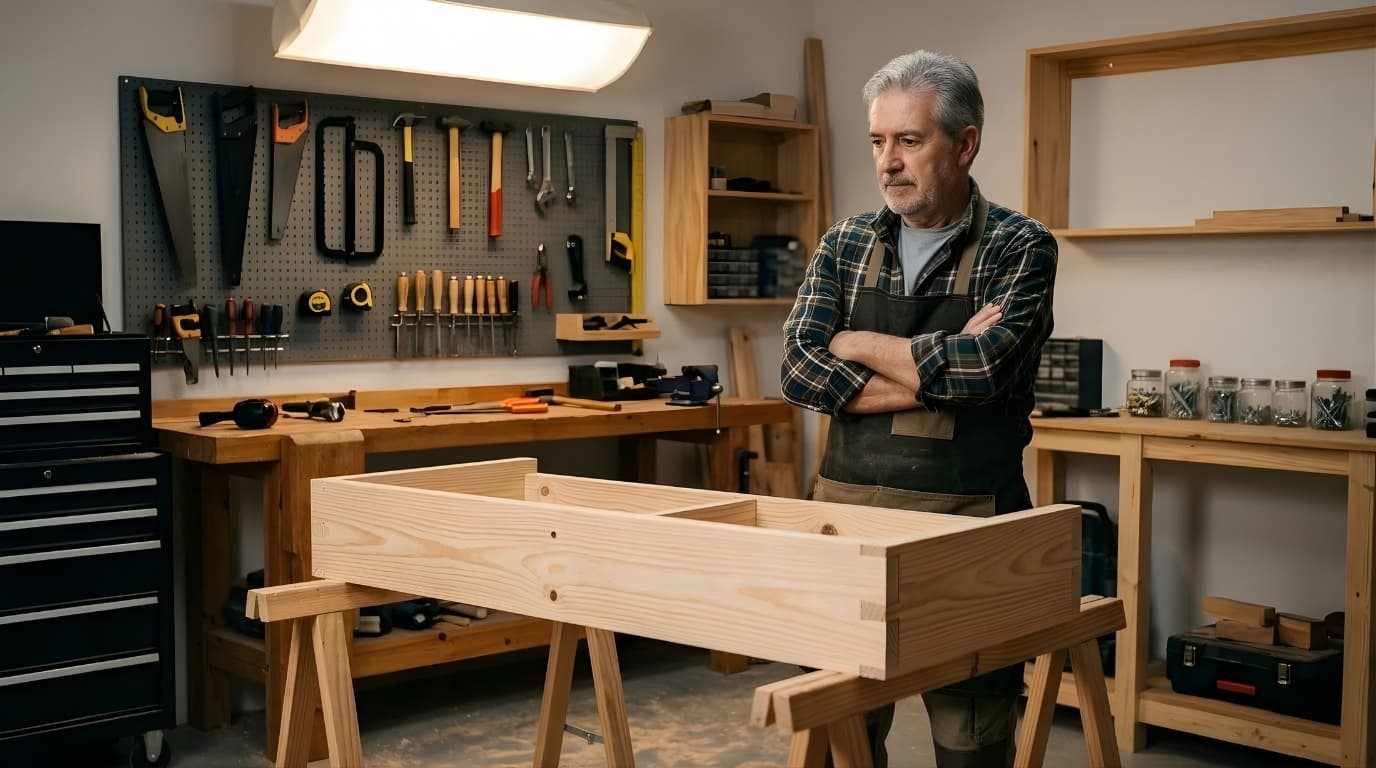Older man standing in a tidy garage workshop looking at unfinished wooden project on workbench