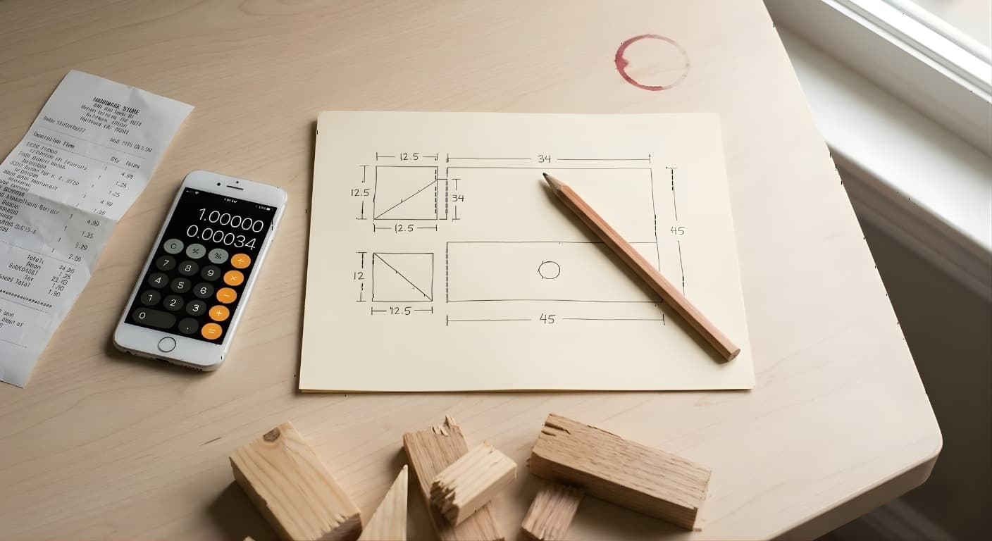 Homeowner reviewing lumber costs and woodworking plan printouts spread on a kitchen table