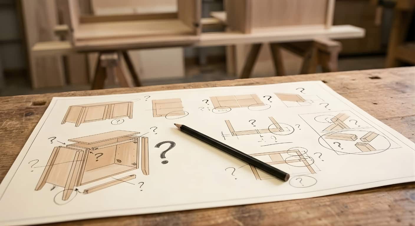 Printed woodworking plan with handwritten question marks next to unclear steps on a workshop bench