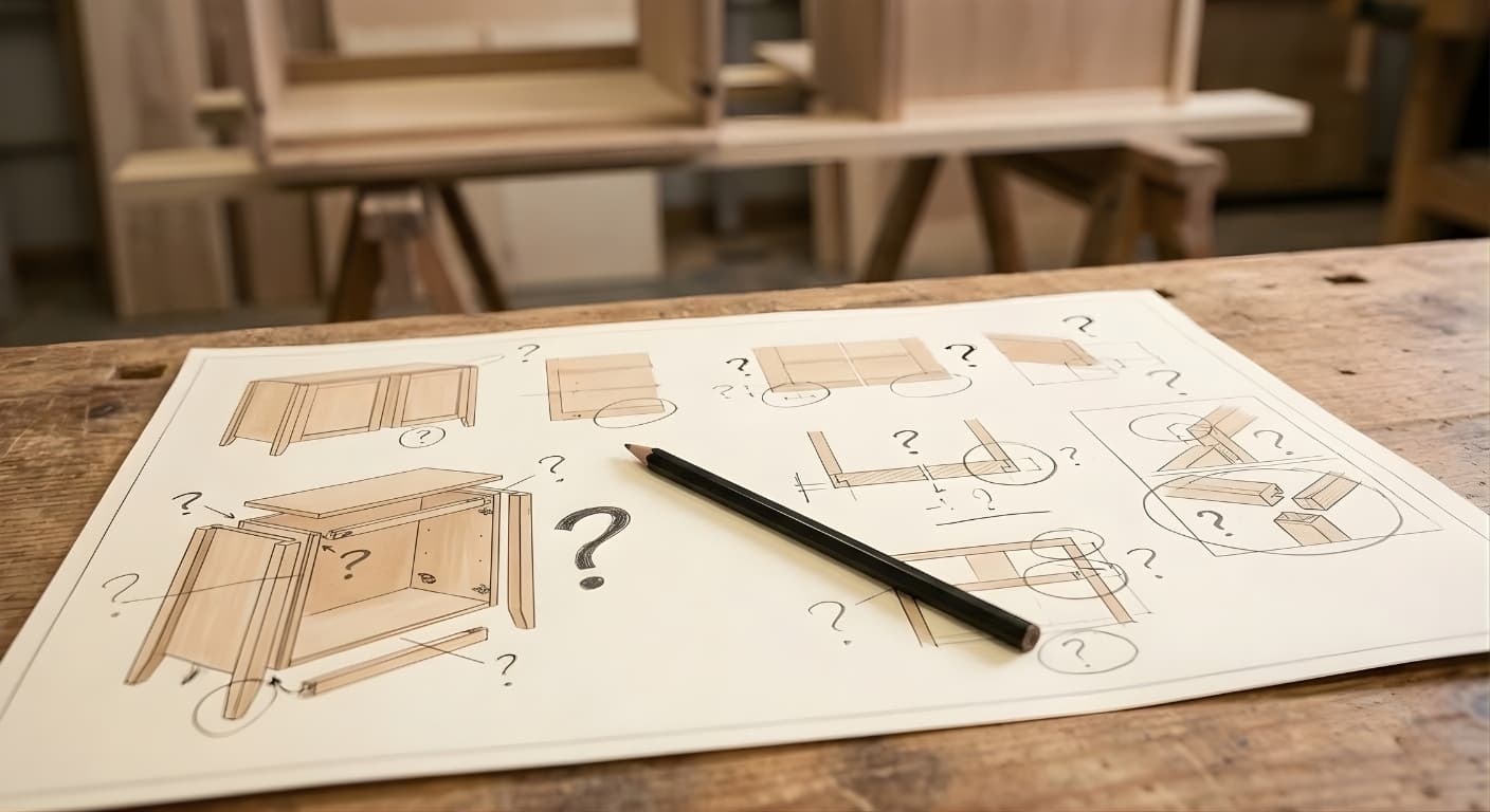 Printed woodworking plan with handwritten question marks next to unclear steps on a workshop bench
