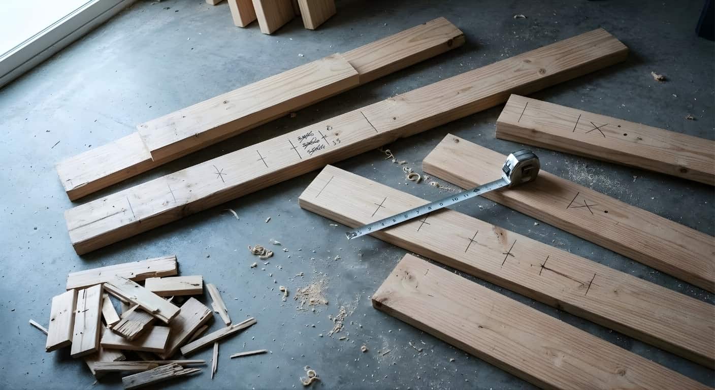 Lumber pieces with pencil measurements marked, some crossed out and re-marked on workshop floor