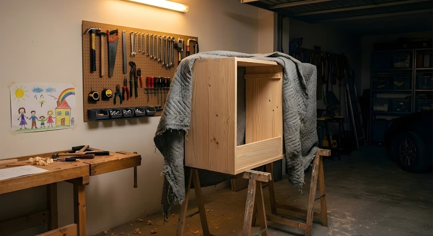 Half-built wooden cabinet frame sitting on sawhorses in a garage workshop with tools nearby