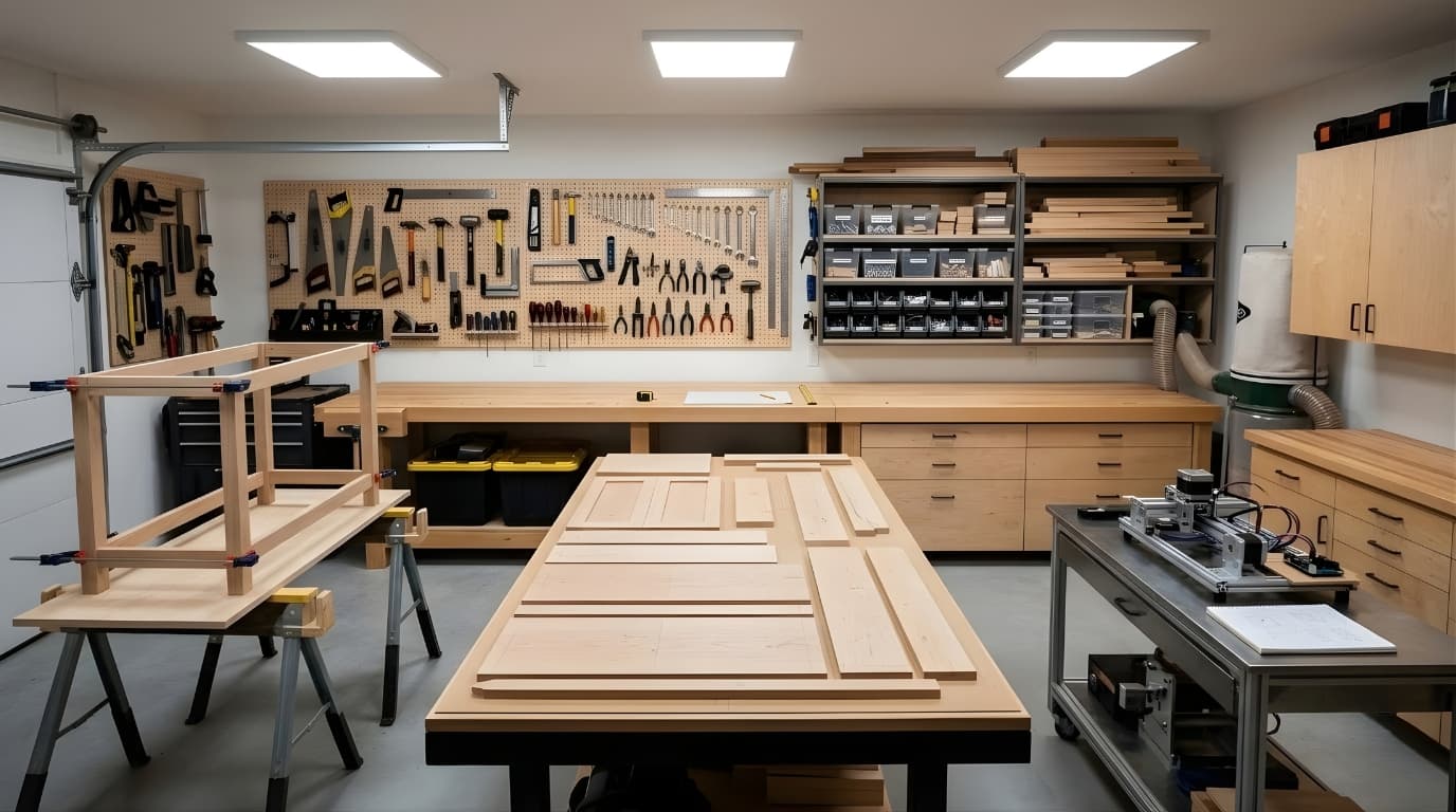 Tidy garage workshop with tools on wall and unfinished wooden pieces on workbench, empty feeling