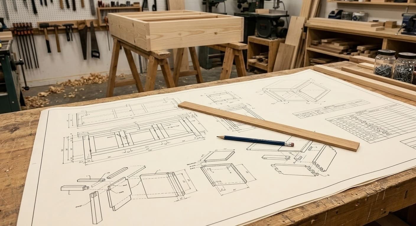 Detailed woodworking blueprint spread on workbench with measuring tools and pencil annotations
