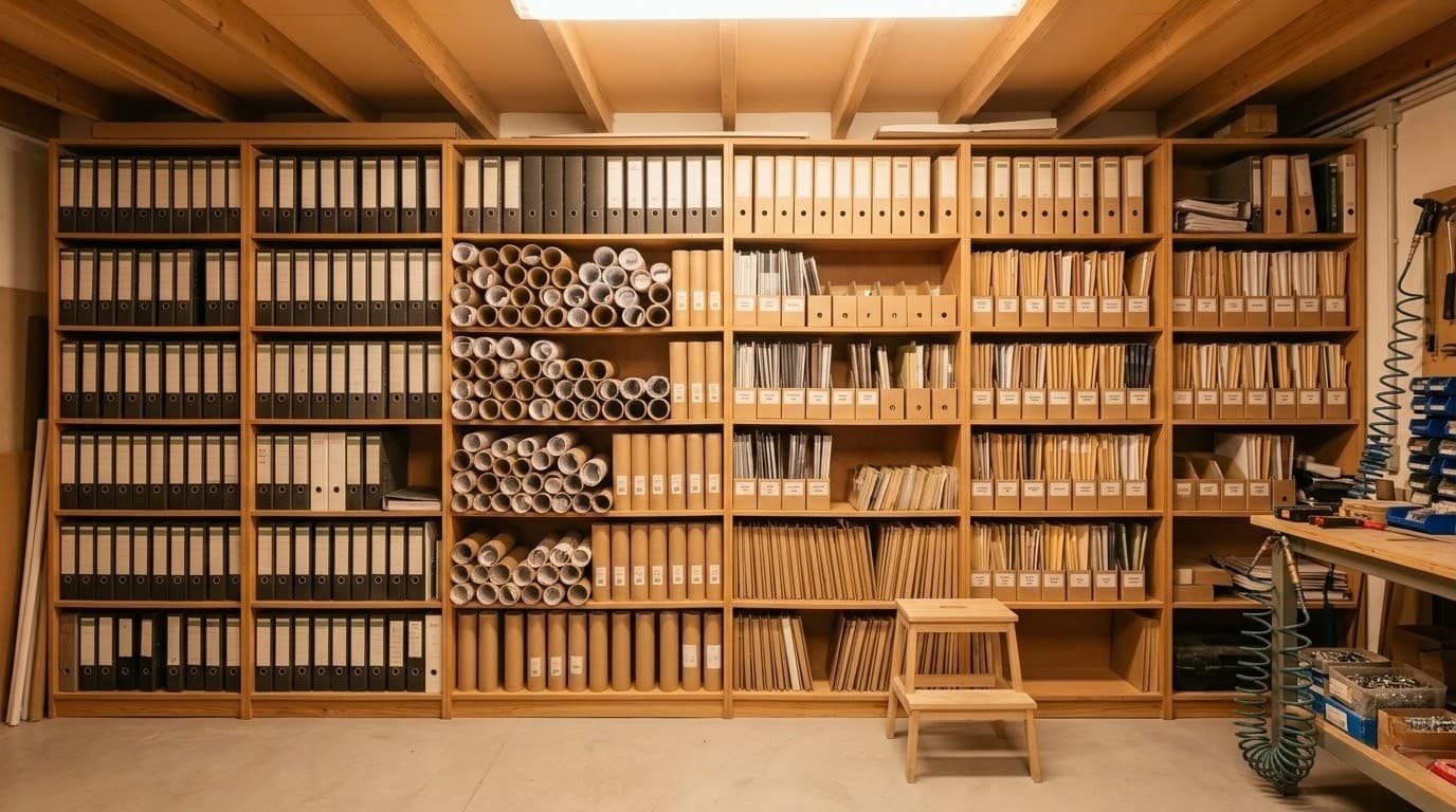 Workshop wall with organized shelving of labeled project binders and technical drawings