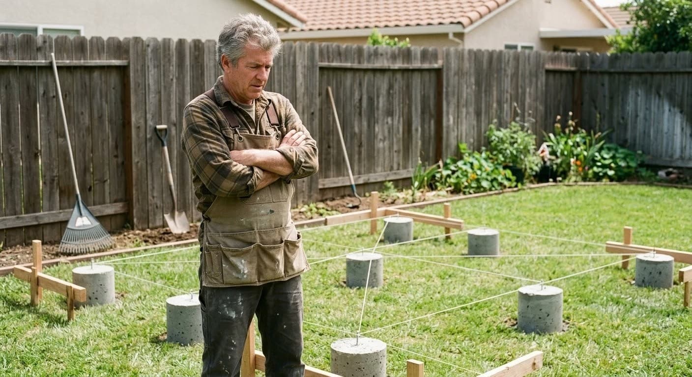 Older man in work clothes standing in backyard looking at shed foundation posts with measuring tape