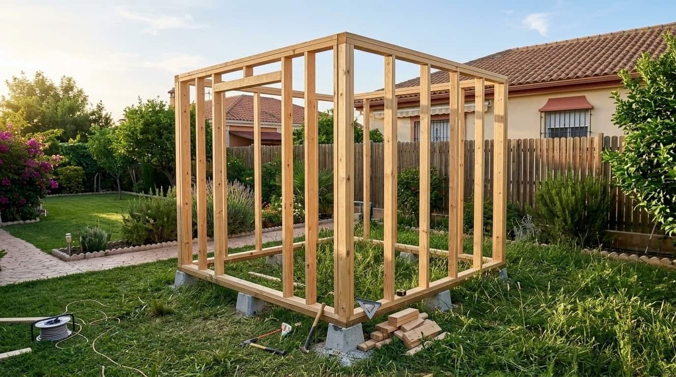 Partially framed wooden shed structure in a backyard, walls up but no roof, tools on the ground