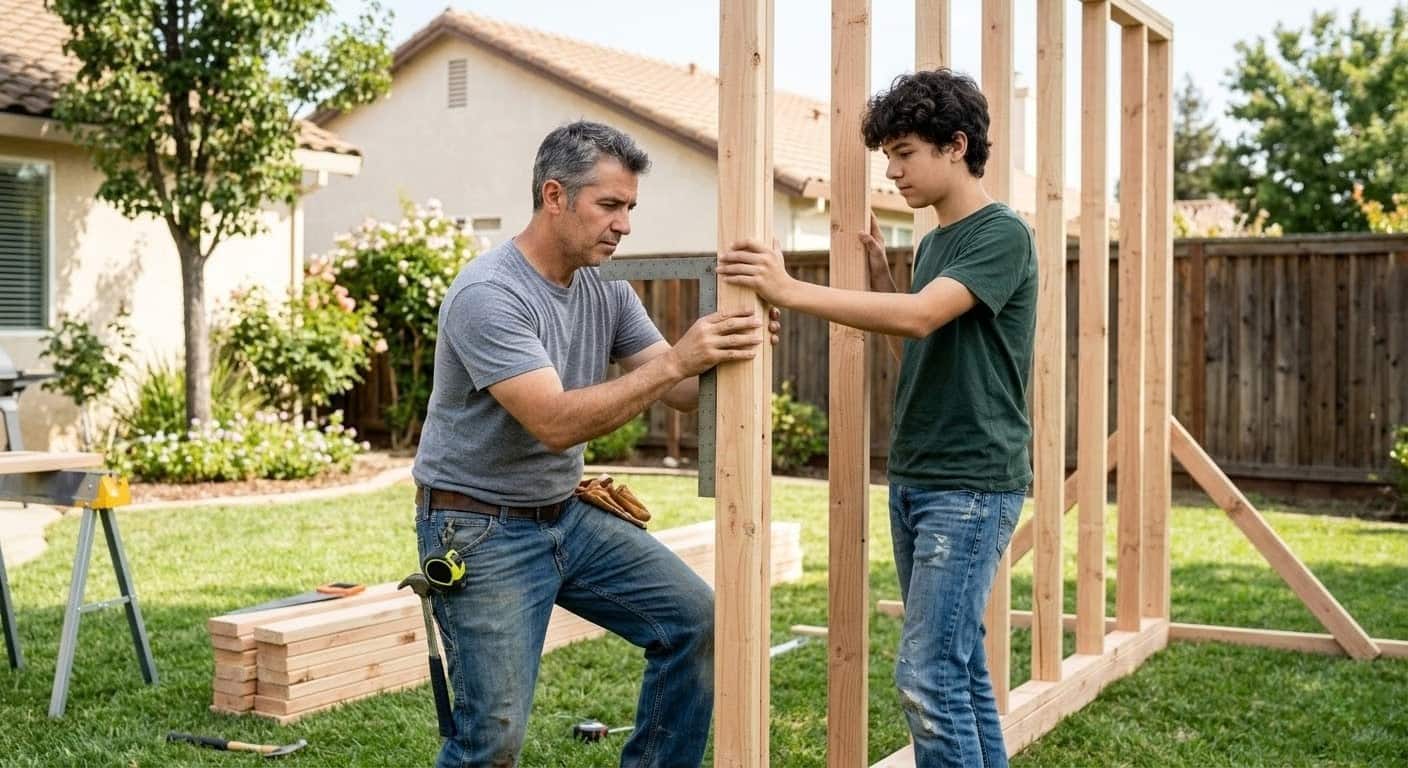 Father and teenage son working together on wooden shed framing in suburban backyard on sunny day