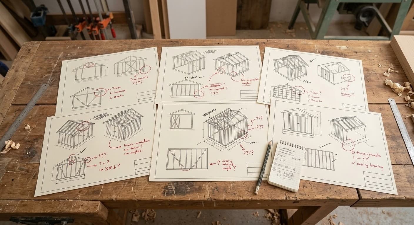 Multiple shed plan printouts spread on workbench with handwritten notes and question marks on several