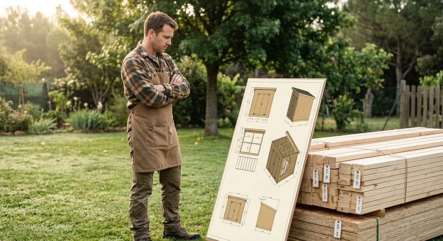 Man reading large printed shed plan outdoors next to stacked lumber, following instructions step by step