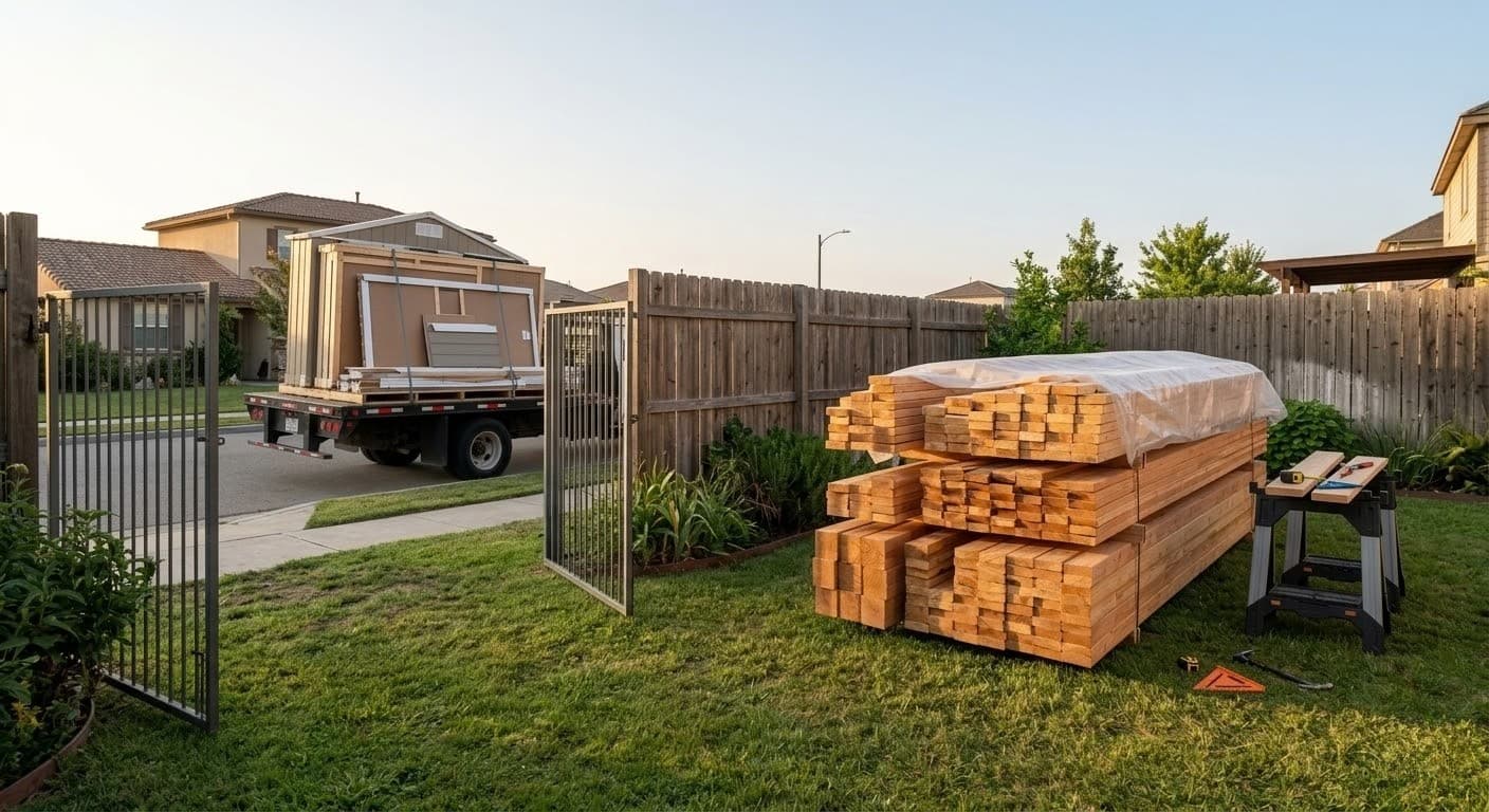Side-by-side view of prefab shed kit delivery truck next to DIY lumber stack in suburban driveway