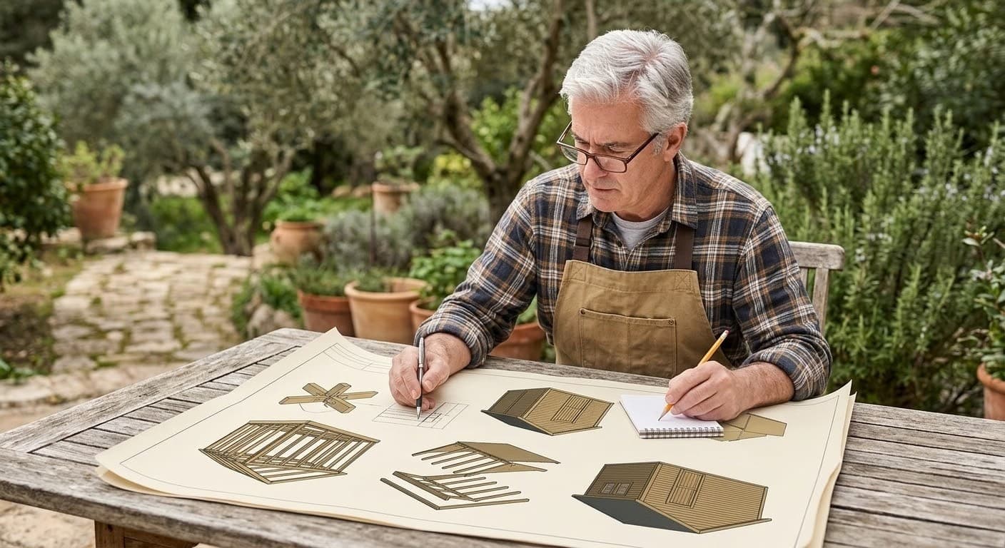 Experienced woodworker reviewing detailed shed blueprints at workbench with tools and wood shavings