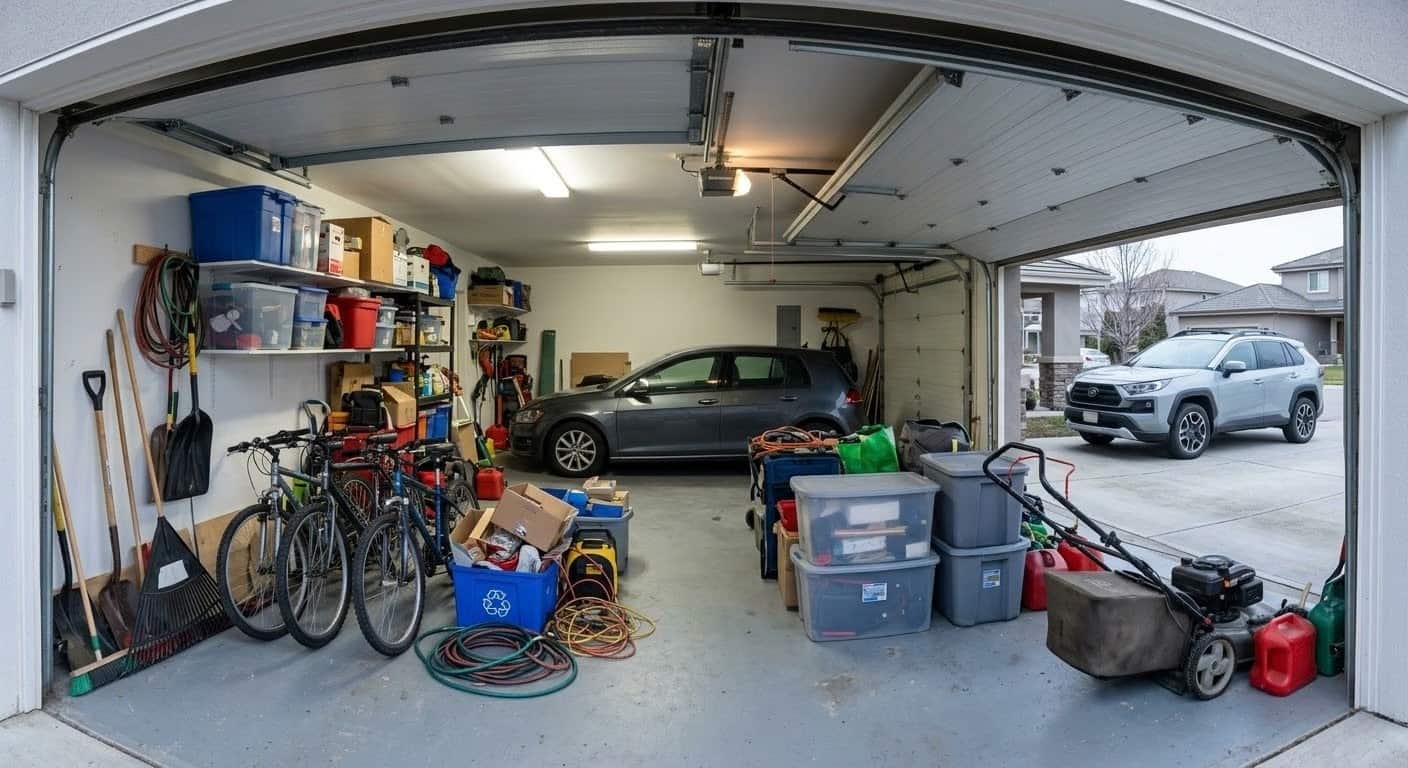 Cluttered garage with bikes, garden tools, and boxes taking up car space, viewed from open garage door