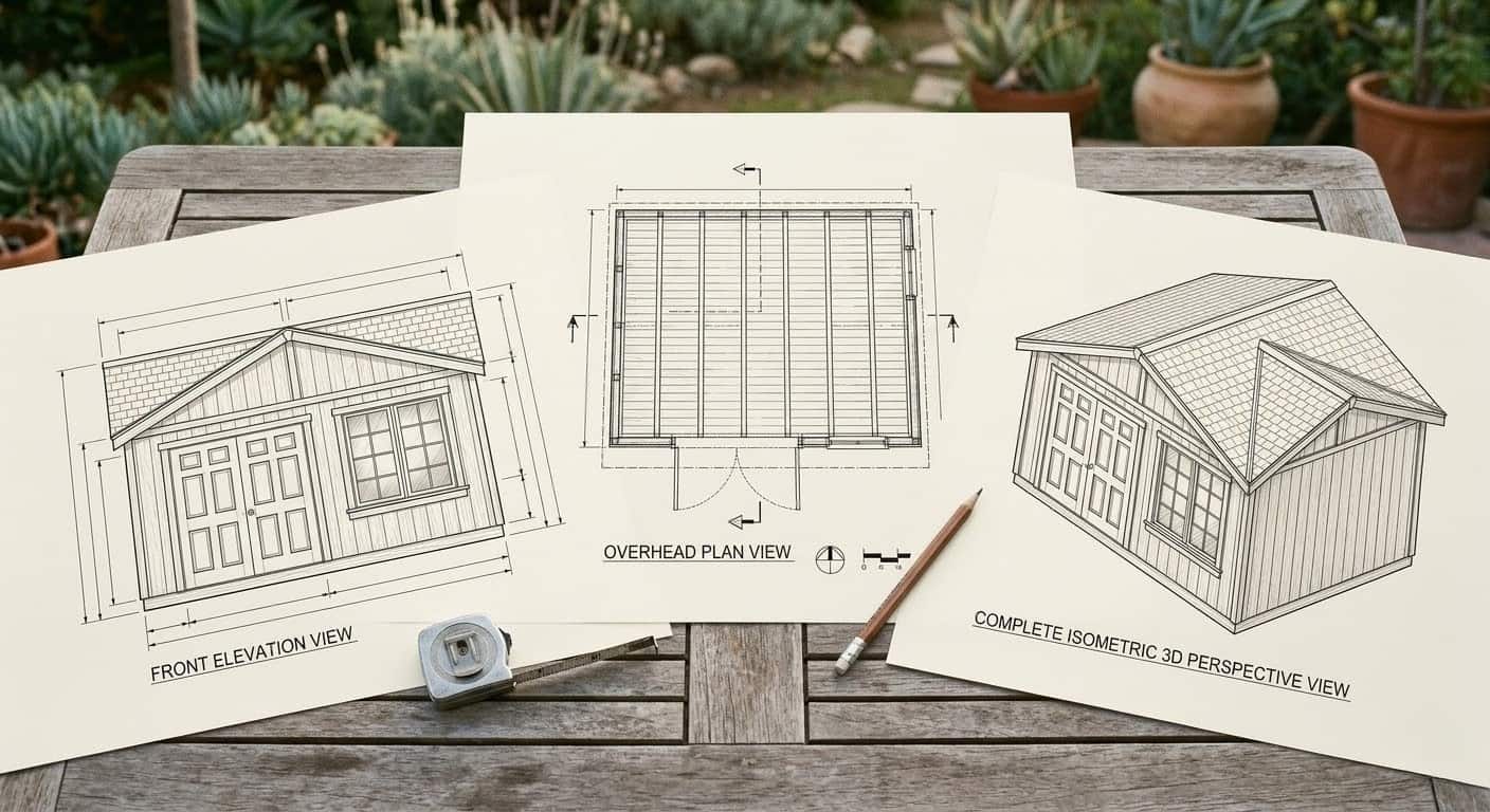 3D architectural drawings of shed structure from multiple angles spread on drafting table