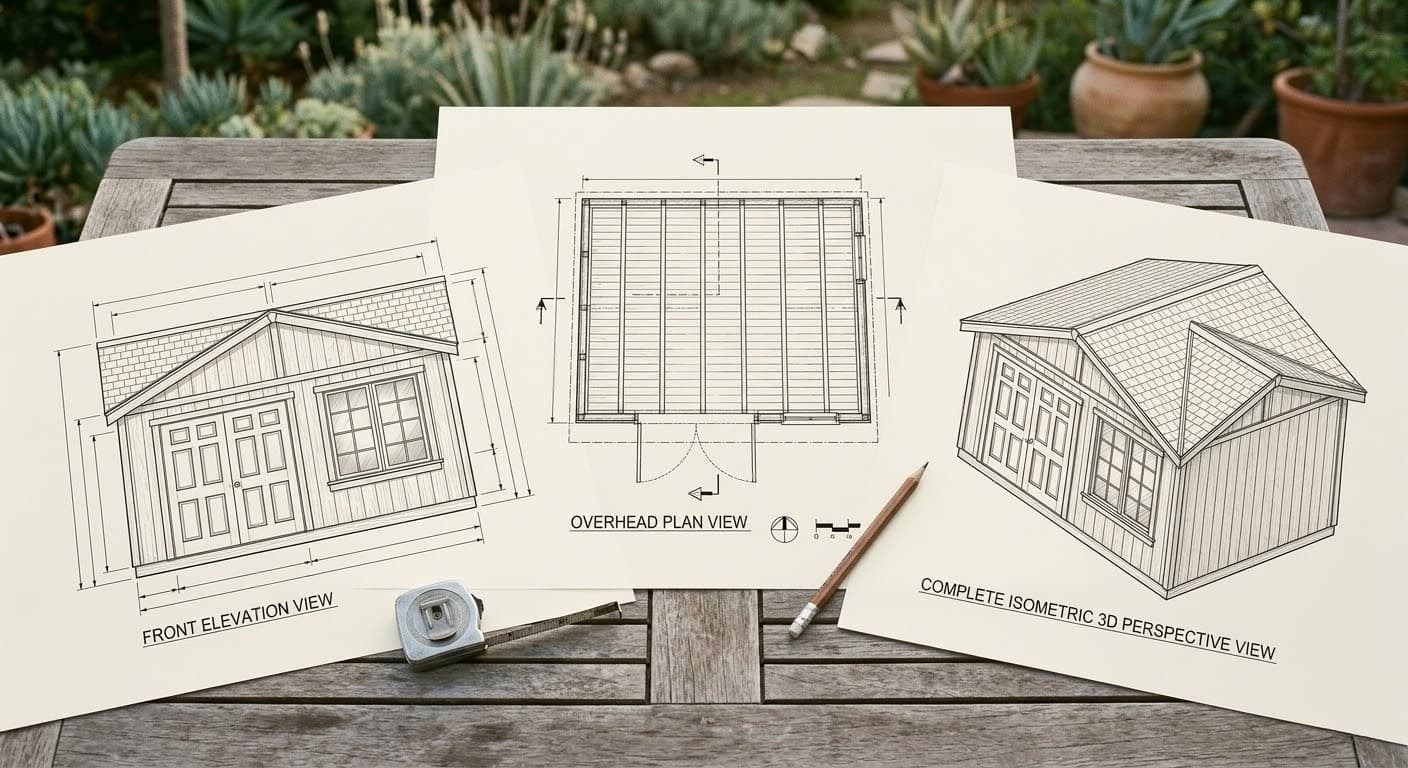 3D architectural drawings of shed structure from multiple angles spread on drafting table