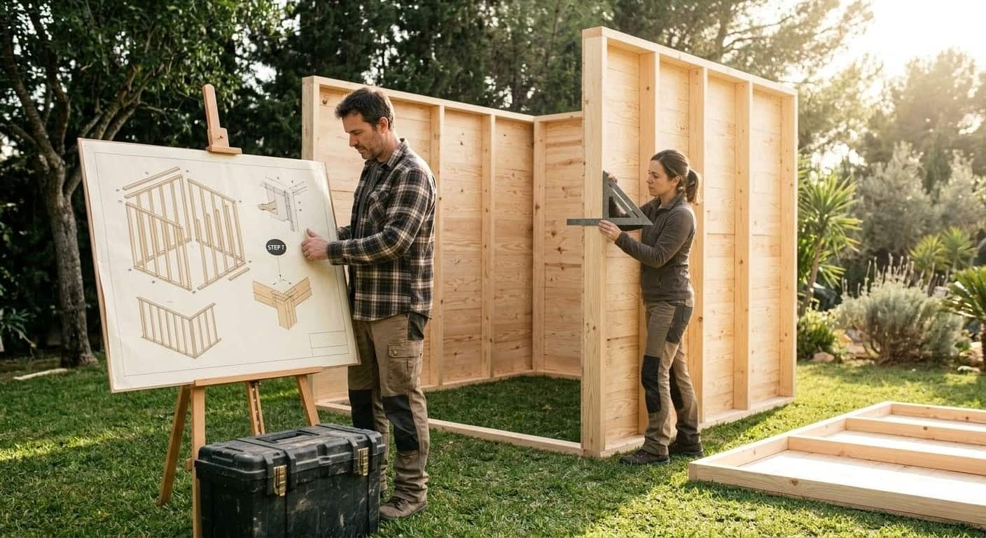 Two people working on shed construction in backyard, following printed plans propped on workbench