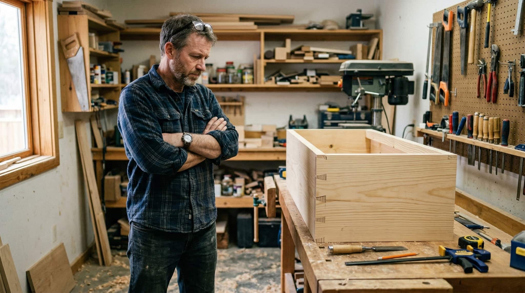 Woodworker in his late 40s standing in a home workshop, arms crossed, looking with quiet frustration at a misaligned joint on a half-built cabinet, reading glasses pushed up, natural window light