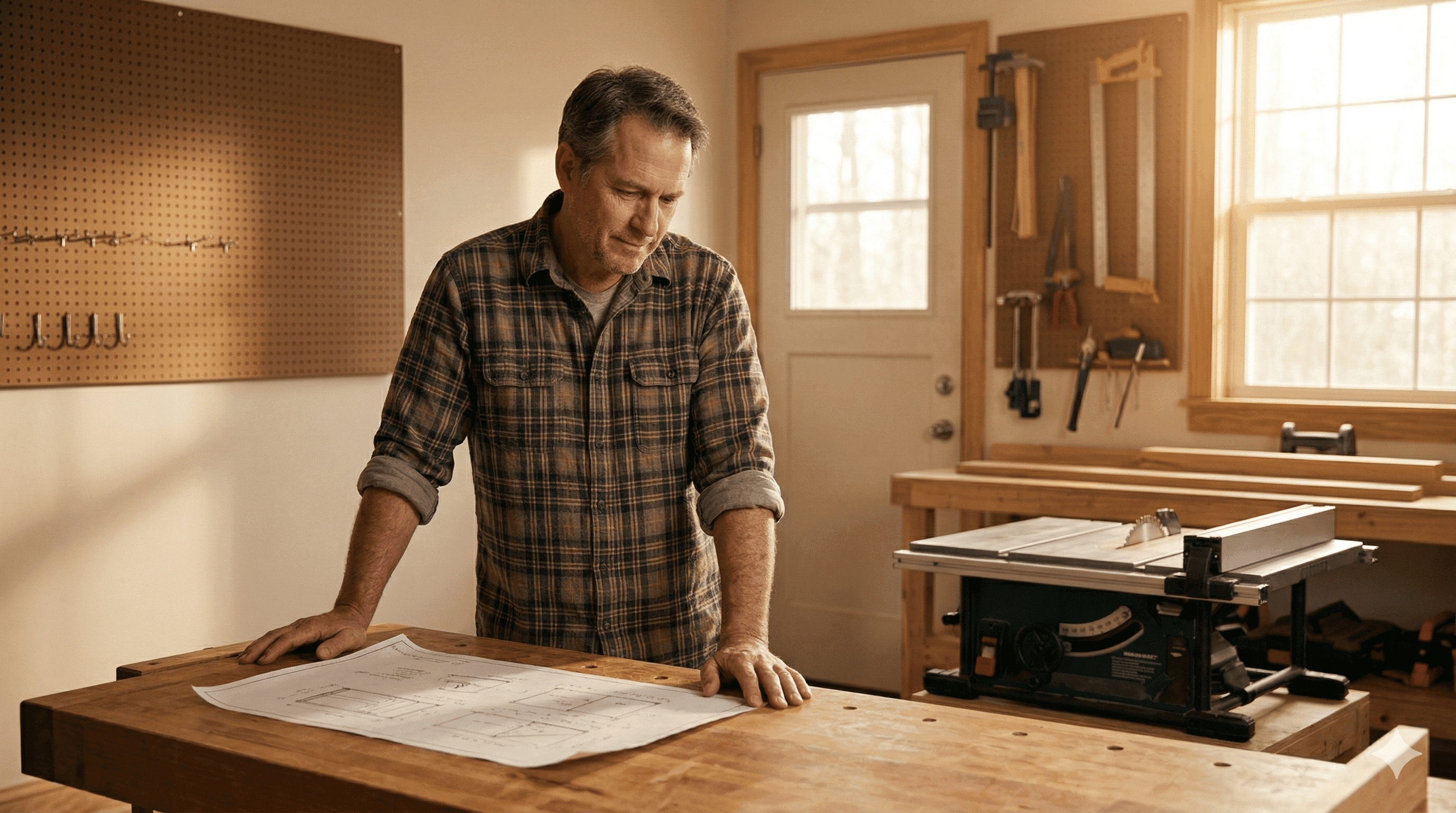Man in his late 50s standing in a well-lit garage workshop, looking thoughtfully at a half-sketched woodworking plan on a workbench, natural morning light